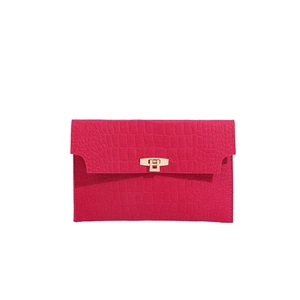 Magenta felt envelope clutch bag with crocodile texture and gold metal clasp closure
