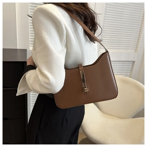Classic dark brown leather underarm bag with gold metal buckle shown on a model