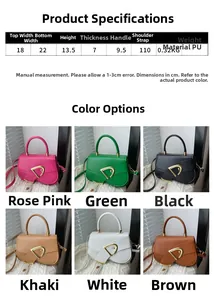 Detailed size specifications and six color variants of the minimalist square crossbody bag