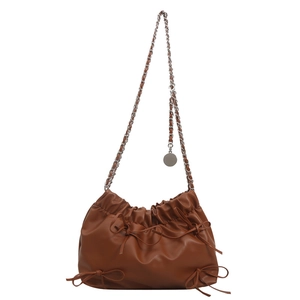 Brown pleated bucket bag with bow accents and silver chain strap for women