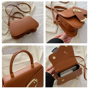 Detailed views of brown saddle bag with gold D-buckle, handle and inner storage