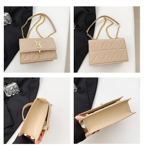 Detailed views of the beige quilted crossbody bag with gold chain and S-shaped logo charm