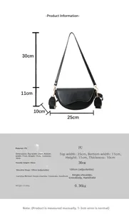 Détails du sac selle noir avec dimensions précises et bandoulière en tissu réglable