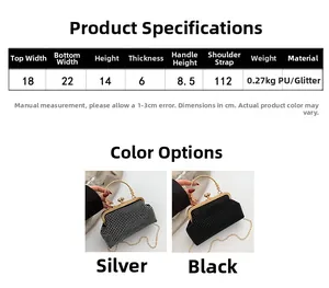 Detailed size chart and dimensions for the rhinestone clasp crossbody bag with chain strap