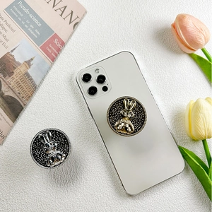 Luxury electroplated rabbit phone grip stand with crystal accents in gold and silver