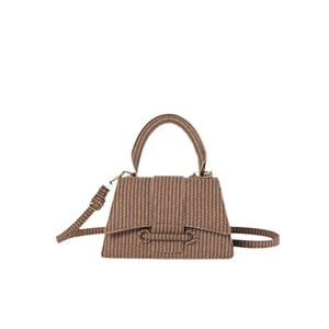 Minimalist khaki woven handbag with curved base and adjustable strap in a clean studio view