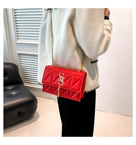 Close-up of red quilted crossbody bag with gold metal chain and stylish tassel detail