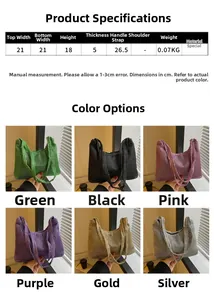 Size chart for rhinestone evening bag showing dimensions 21x18x5cm in six colors