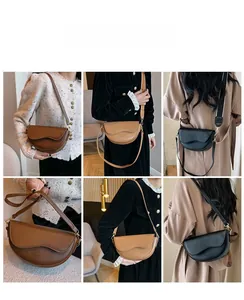 Trois sacs selle vintage en marron, kaki et noir avec bords ondulés et bandoulière réglable