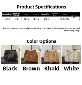 Size chart and dimensions for the quilted tote bag with chain strap and PU leather finish