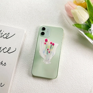 Hellgrüne iPhone Hülle mit buntem Tulpenstrauß und passendem Handy-Halterungsgriff
