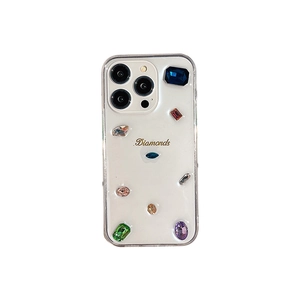 Transparent iPhone case with colorful faux gemstones and gold Diamonds typography