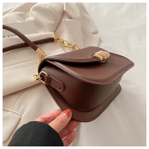 Detail of vintage brown leather bag showing golden metal buckle and chain strap