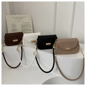 Women Shoulder Underarm Bag PU Leather Stitched Golden Buckle Chain Strap Urban Chic Handbag