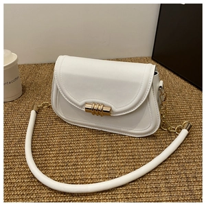 Elegant white PU leather shoulder bag with golden cylinder clasp and stylish chain strap