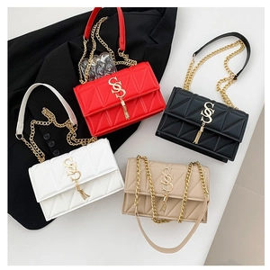 Women Quilted Shoulder Bag PU Leather Crossbody Purse Gold Chain Strap Triangle Stitching Tassel Elegant Fashion Bag