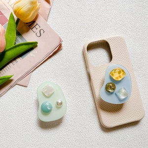 Leather phone case with elegant faux pearl and stone grip stand in French vintage style