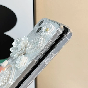 Macro view of 3D floral design and pearl details on transparent iPhone case