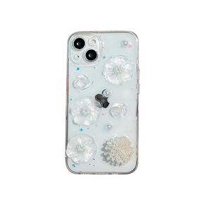 Clear floral iPhone case featuring 3D embossed roses, pearls and holographic stars