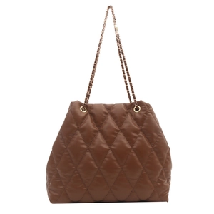 Brown quilted bucket bag with gold chain strap in a soft puffer nylon finish