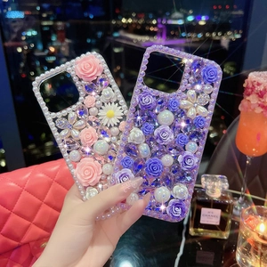 Coque De Téléphone Fleur De Rose En Résine 3D Luxe Avec Künstliche Perles Artificielles Strass Protection Arrière En Acrylique Pour Femmes