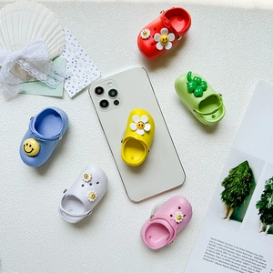 Miniature clog shoe phone stand kit with flower and smiley face 3D charms in 6 colors