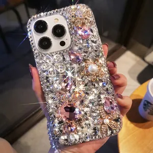 Luxury iPhone case featuring handmade pink rhinestones, pearls and rabbit flower design