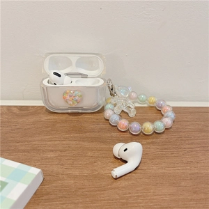 Clear AirPods Pro case with colorful glitter heart and translucent beaded bear wrist strap
