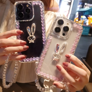 Luxury clear iPhone case with rhinestone rabbit, 3D roses and beaded hand strap