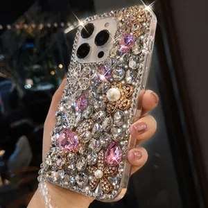 Luxury iPhone case with rhinestones, pearls, and a pink gem rabbit on a floral cover
