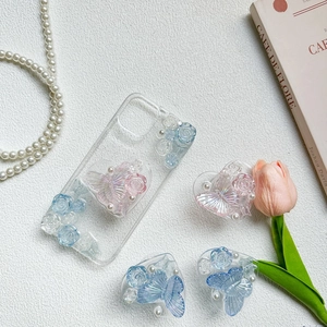 3D rose and butterfly heart phone grip stand with pearls for women on white leather