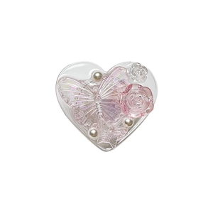 Pink heart-shaped phone grip with 3D rose flower, butterfly and pearl interior decor