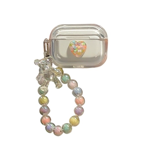 Clear AirPods Pro case with rainbow glitter heart and colorful beaded bear wrist strap