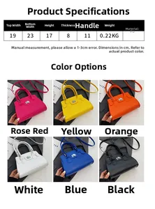 Detailed dimension chart and color options for the stylish PU leather trapezoid handbag