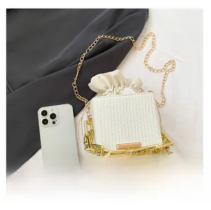 Mini woven bucket bag size comparison with smartphone featuring gold chain handles
