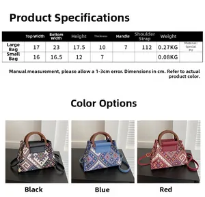 Detailed size chart for ethnic crossbody bags showing dimensions and PU fabric materials