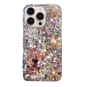 Luxury iPhone case featuring sparkling rhinestones, pearl flowers, and a pink crystal rabbit