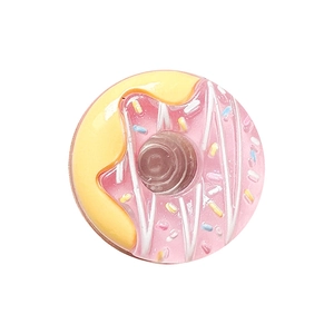Pink and yellow resin donut phone grip stand with colorful sprinkle texture for desk use
