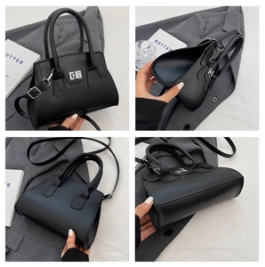 Detailed four-way view of a black minimalist leather handbag with silver twist lock
