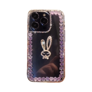 Luxury rhinestone bunny and purple flowers transparent case for iPhone 16 Pro Max