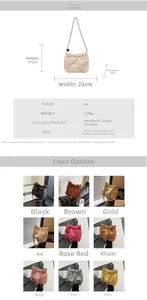 Detailed chart showing PU pleated bucket bag dimensions of 23x17x9cm with nine color options