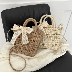Handmade Straw Woven Bucket Bag With Lace Bow Sunflower Decor Summer Vacation Crossbody Handheld For Women Sweet