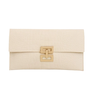 Minimalist beige embossed faux leather clutch bag with golden geometric metal clasp
