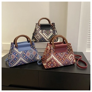 Ethnic style crossbody bags with jacquard geometric patterns and wooden top handles