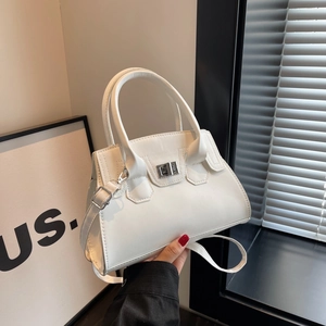 Minimalist white leather handbag with silver lock and detachable strap for women