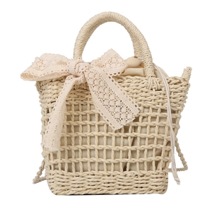 Handwoven straw handbag with lace bow and drawstring inner bag for summer vacation