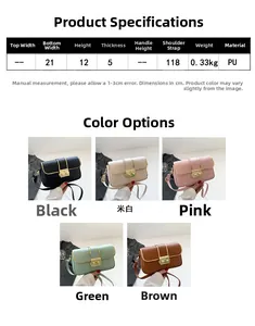 Size guide for PU leather crossbody bag showing dimensions 21x12x5cm and strap length