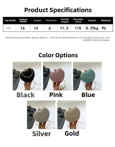 Size chart and dimensions for heart-shaped PU leather crossbody bag in multiple colors