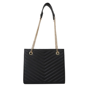 Retro black chevron quilted leather tote bag with elegant gold chain shoulder strap