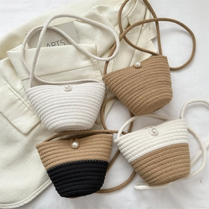 Borsa A Secchiello Intrecciata Piccola Corda Di Paglia Spalla Tracolla Con Bottone Di Perla Artificial Moda Versatile Per Donne